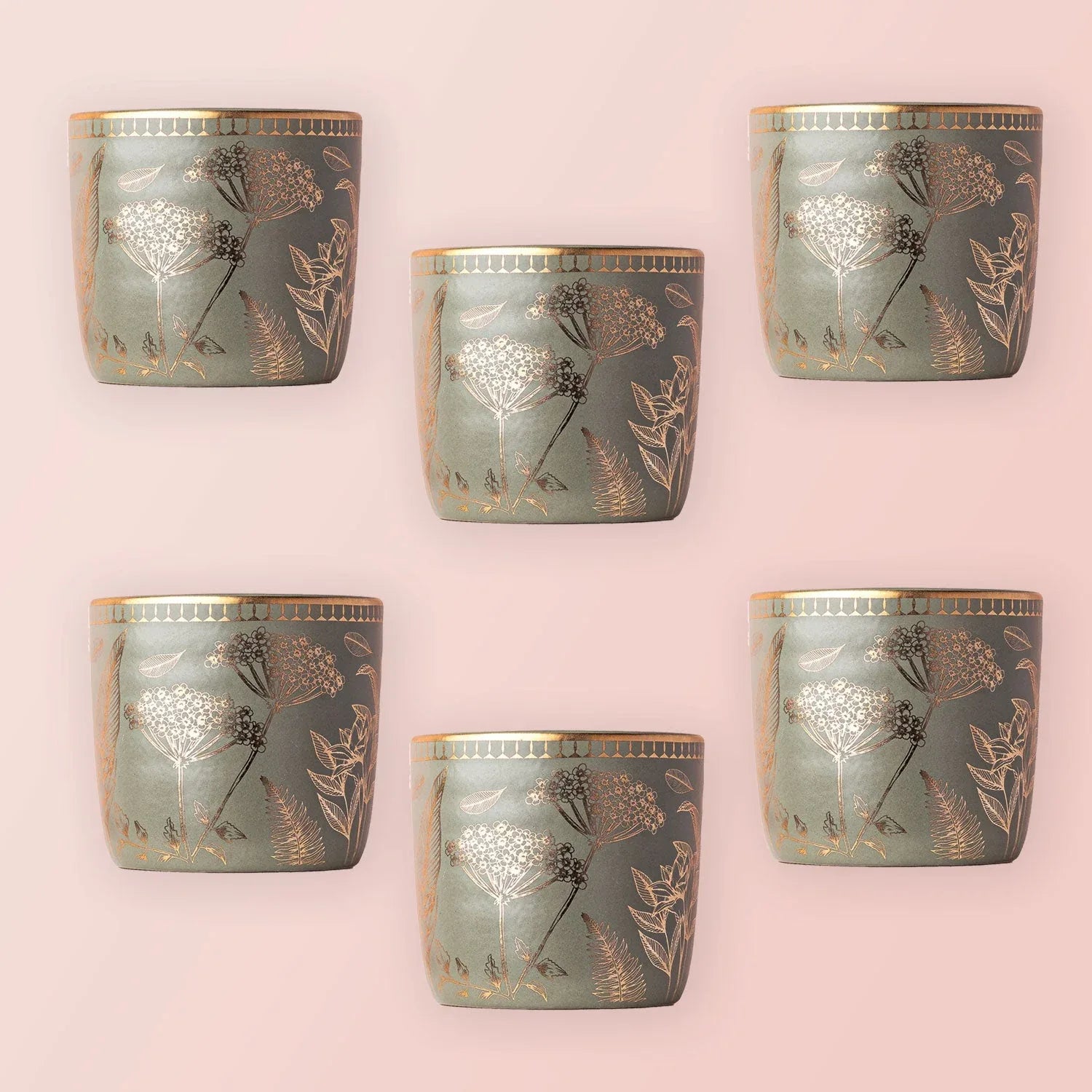 Ananda Kulhar Olive Green Set of 6 - Handcrafted Stoneware with 24k Gold - Dancing Leaf