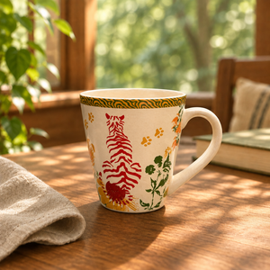 Ivory Aranya mug in a matching forest-inspired lifestyle setting