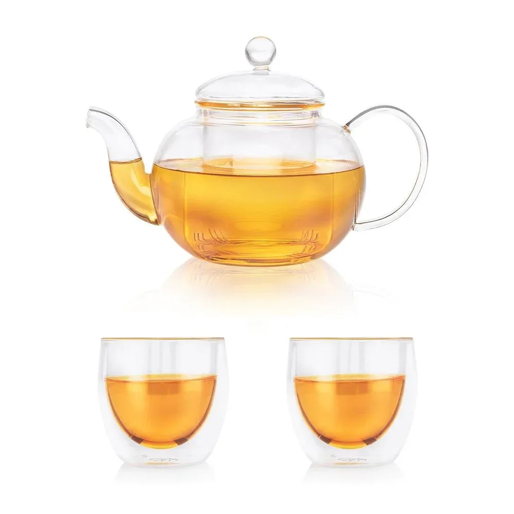 Clasico Teapot (300ml) + 2 Fino Double Walled Cups (80ml) (Combo Pack) - Dancing Leaf