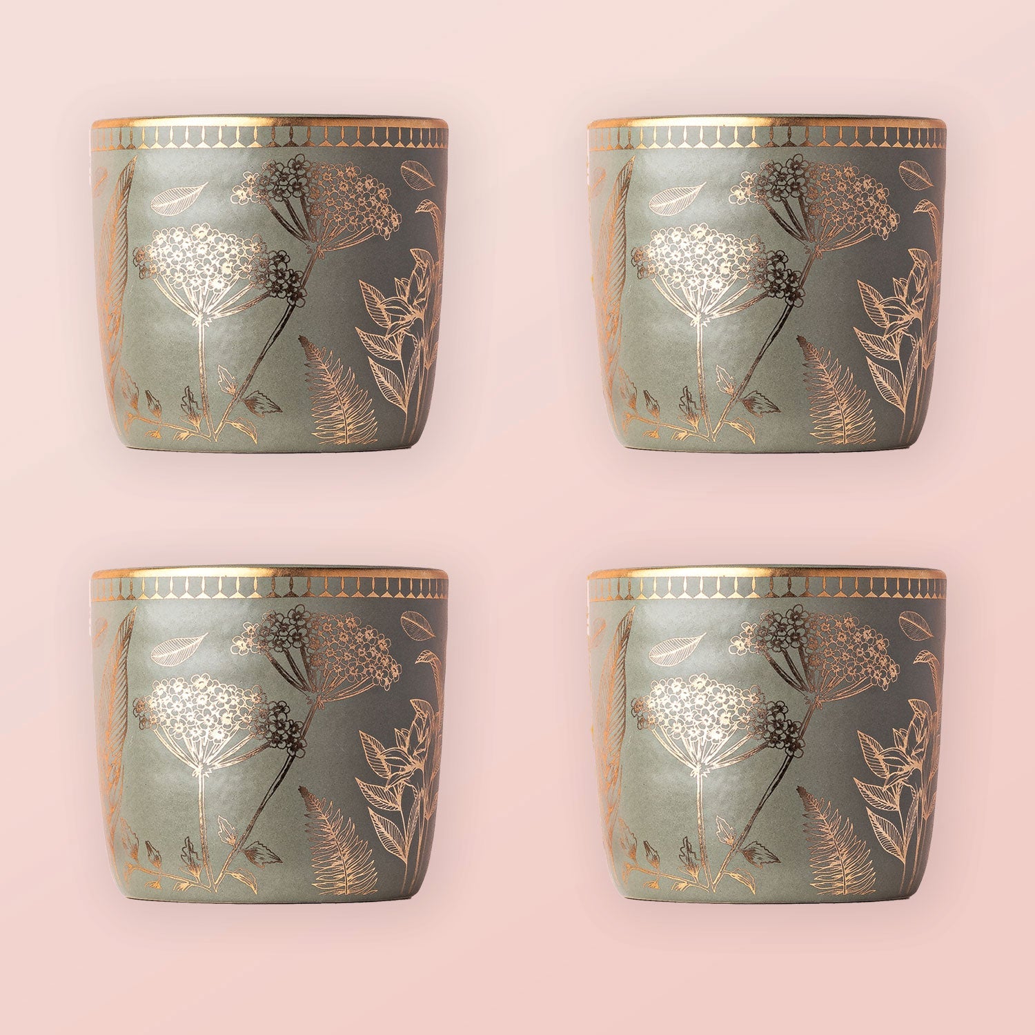 Ananda Kulhar Olive Green Set of 4 - Handcrafted Stoneware with 24k Gold-Dancing Leaf