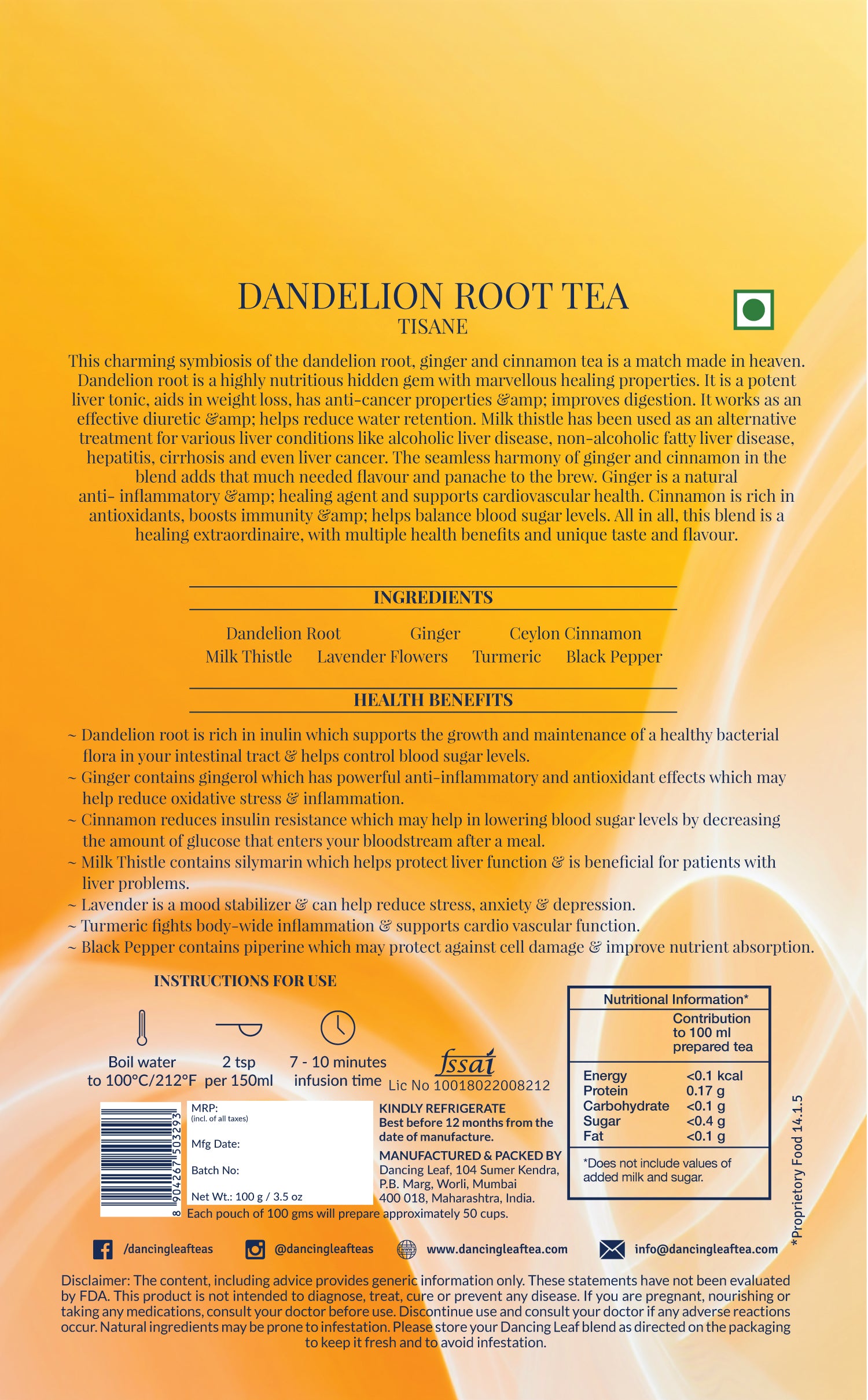 Dandelion Root Tea - 100 gms (50 Cups)-Dancing Leaf