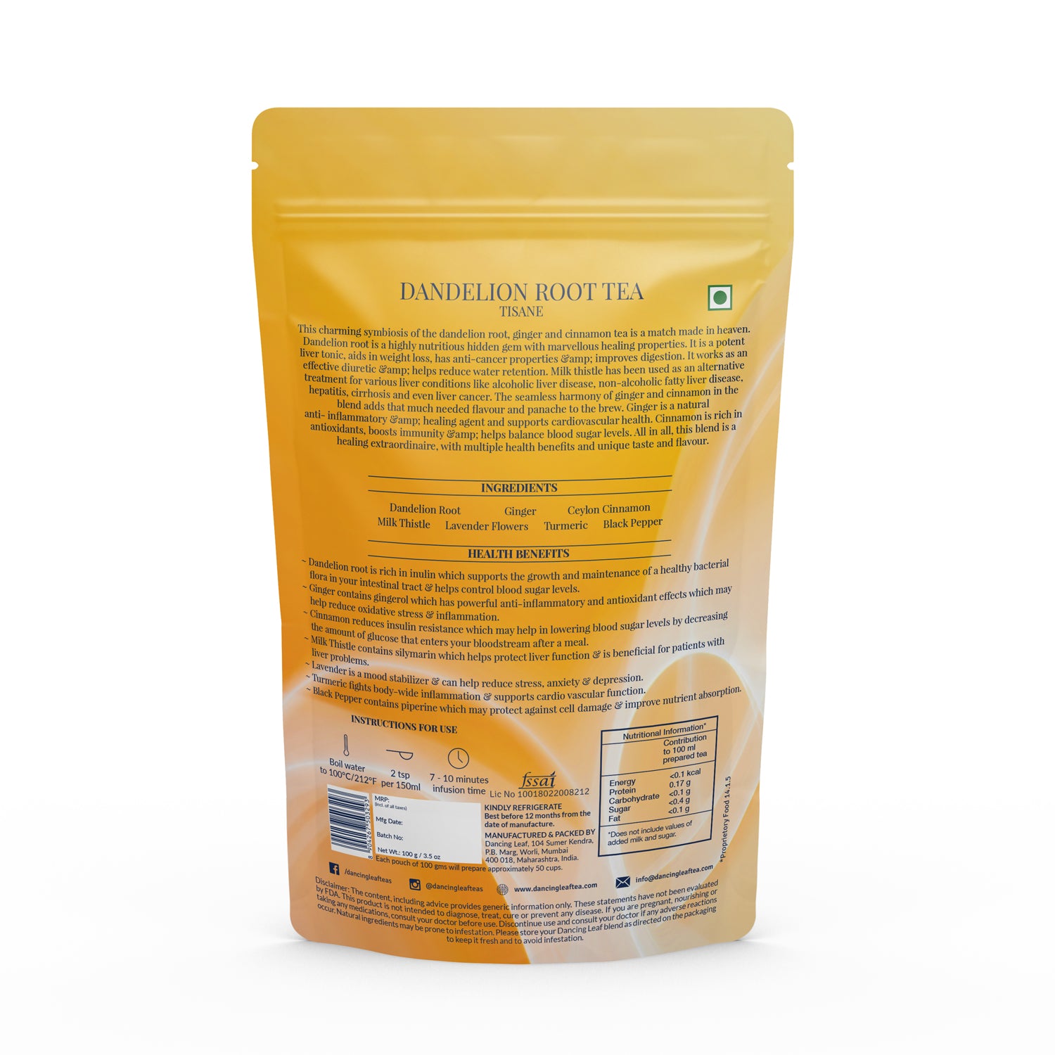 Dandelion Root Tea - 100 gms (50 Cups)-Dancing Leaf
