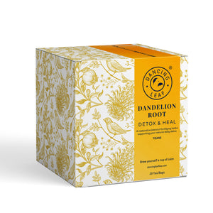 Box of Dancing Leaf Dandelion Root tea on a white background