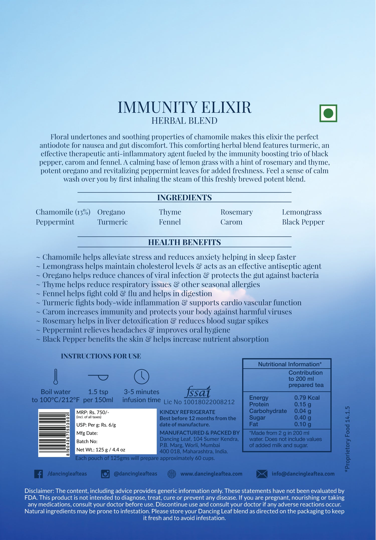 Evening Immunity Elixir - Herbal Blend - 125 Gms (62 Cups)-Dancing Leaf