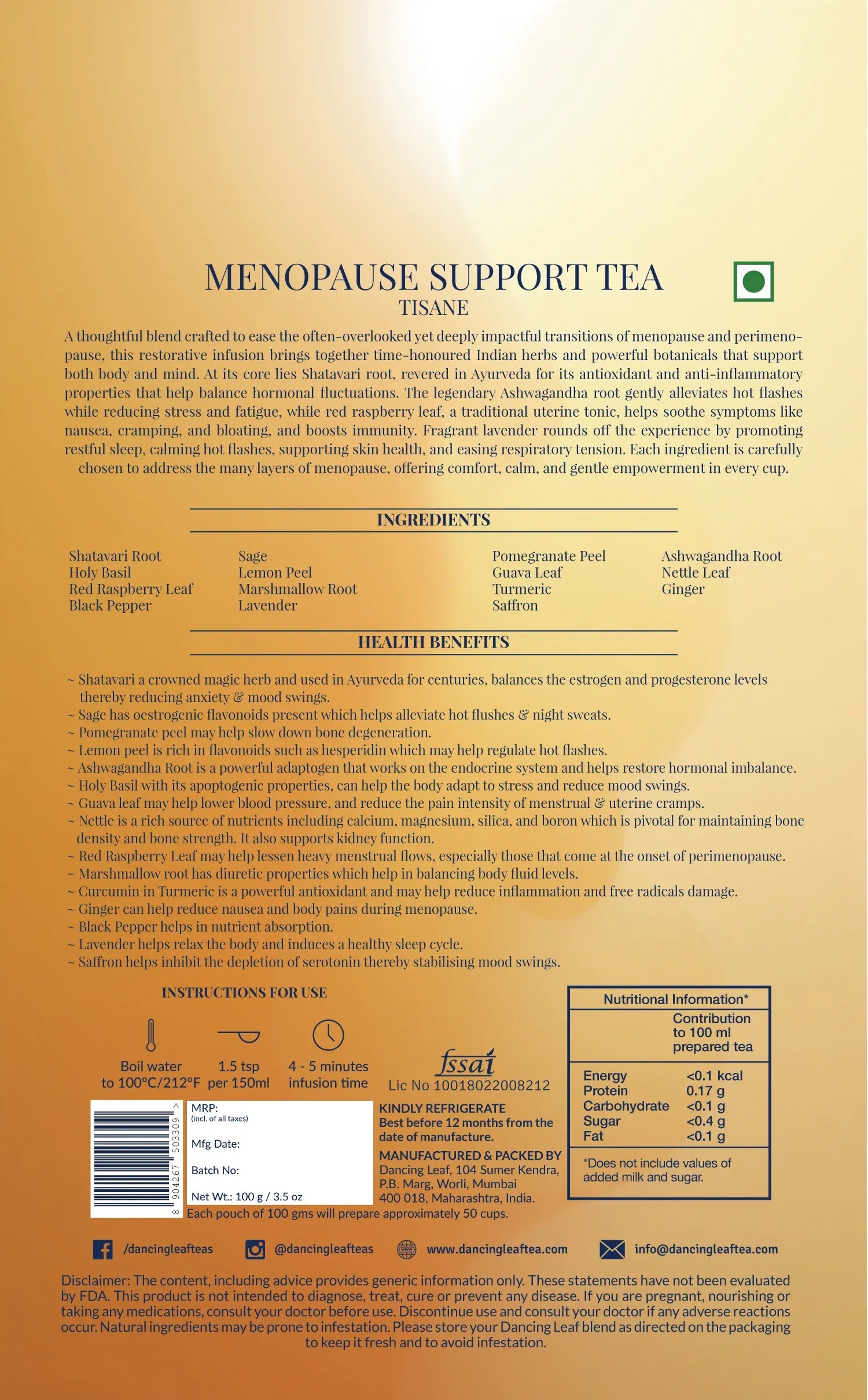 Menopause Support Tea - Ayurvedic Herbal Blend - 100g - Dancing Leaf