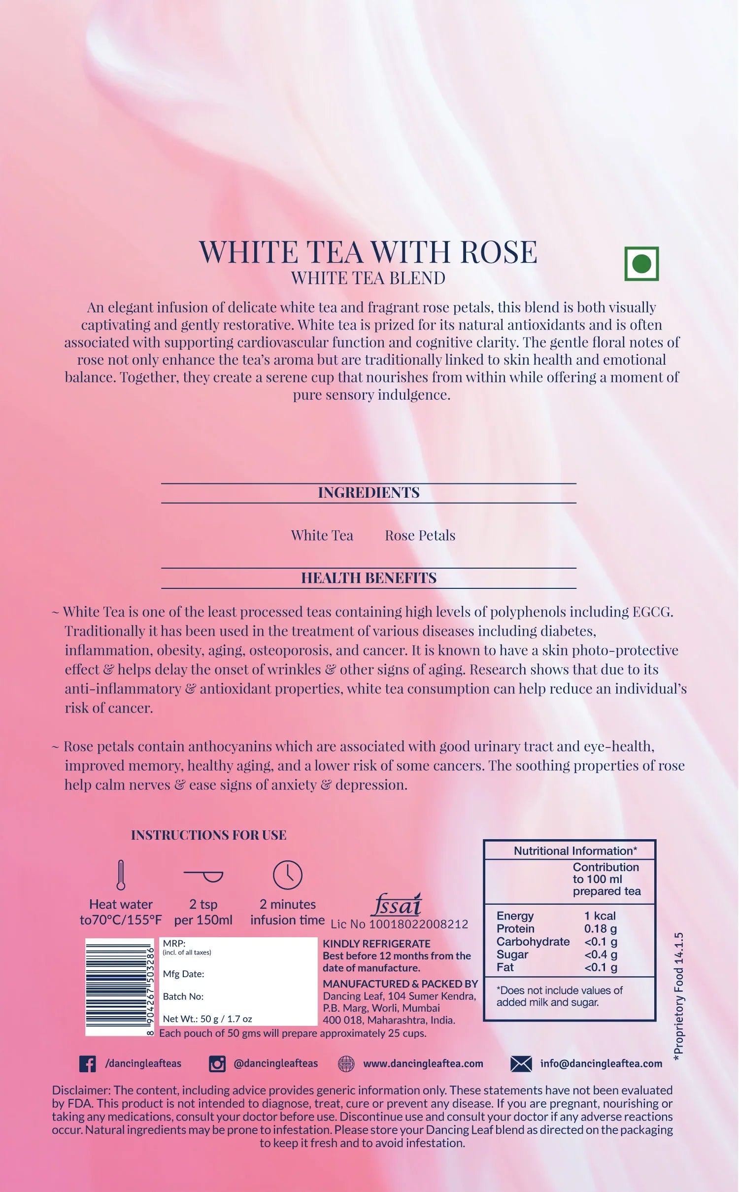 White Tea with Rose - Premium Antioxidant Blend - 50g - Dancing Leaf