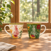 Aranya mug pair with a warm woodland lifestyle background