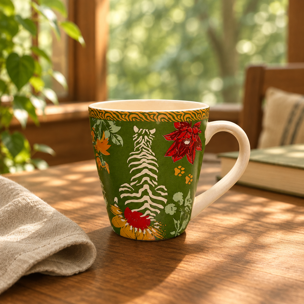 Green Aranya mug in a forest-inspired lifestyle setting