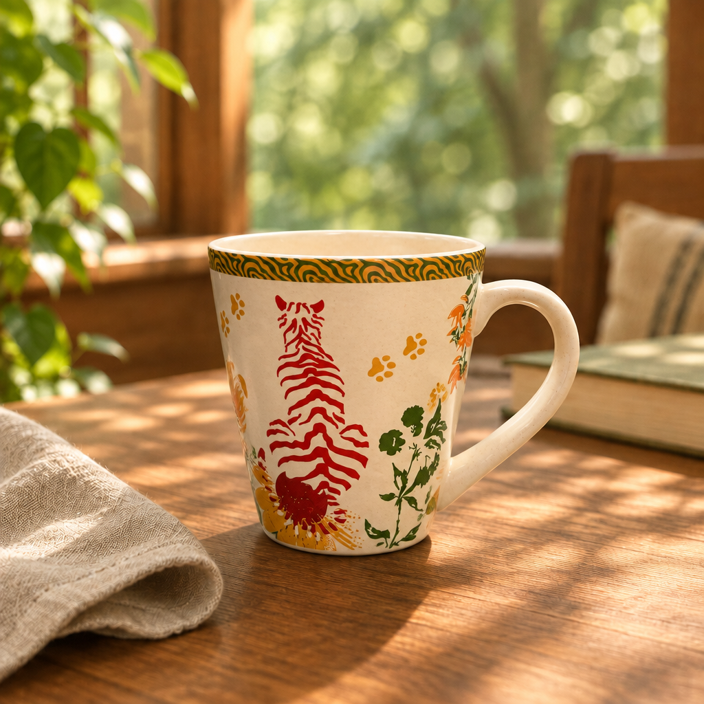 Ivory Aranya mug in a matching forest-inspired lifestyle setting