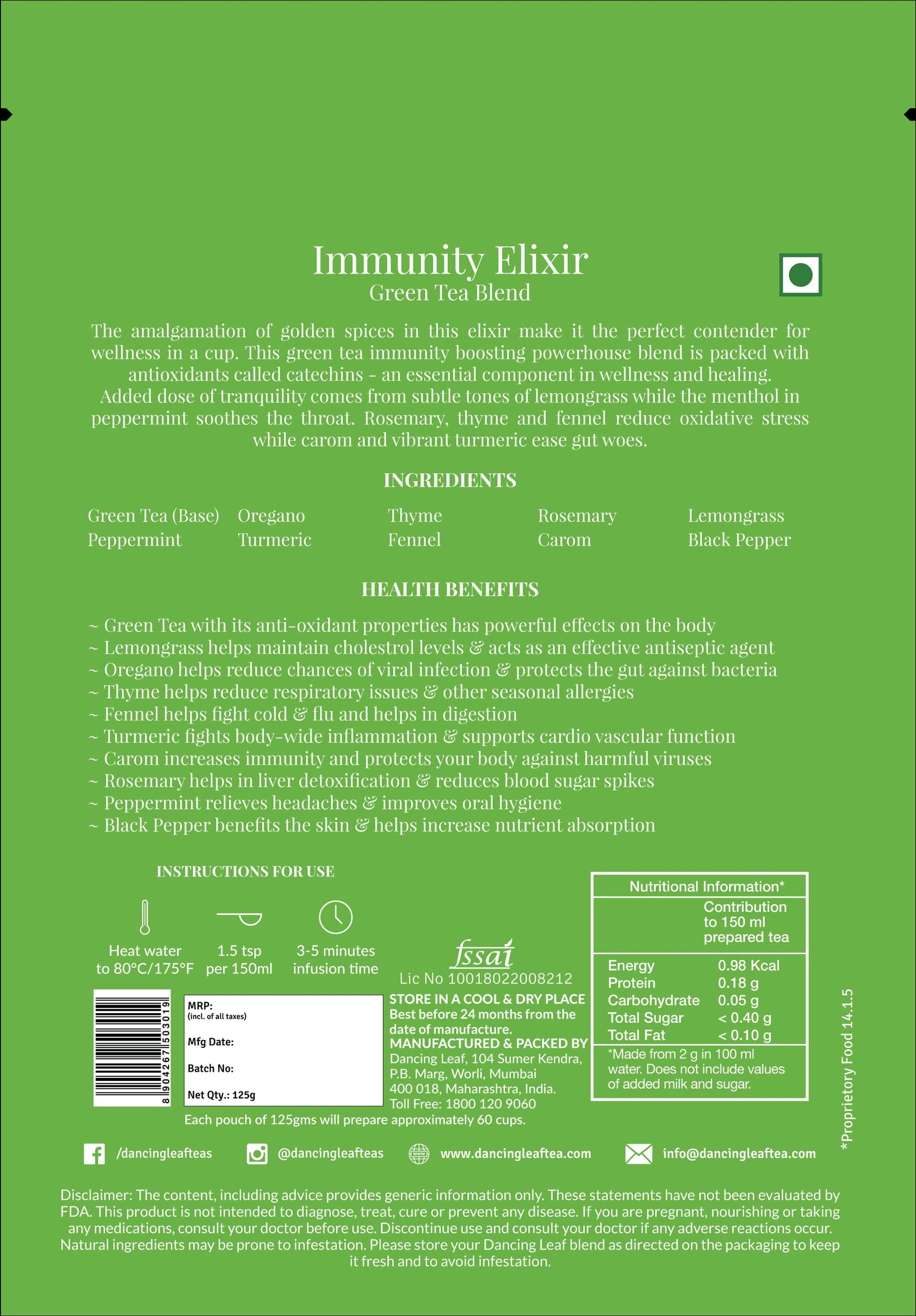 All-Day Immunity Elixir - Green Tea Blend - 125 gms (60 - 65 cups)-Dancing Leaf