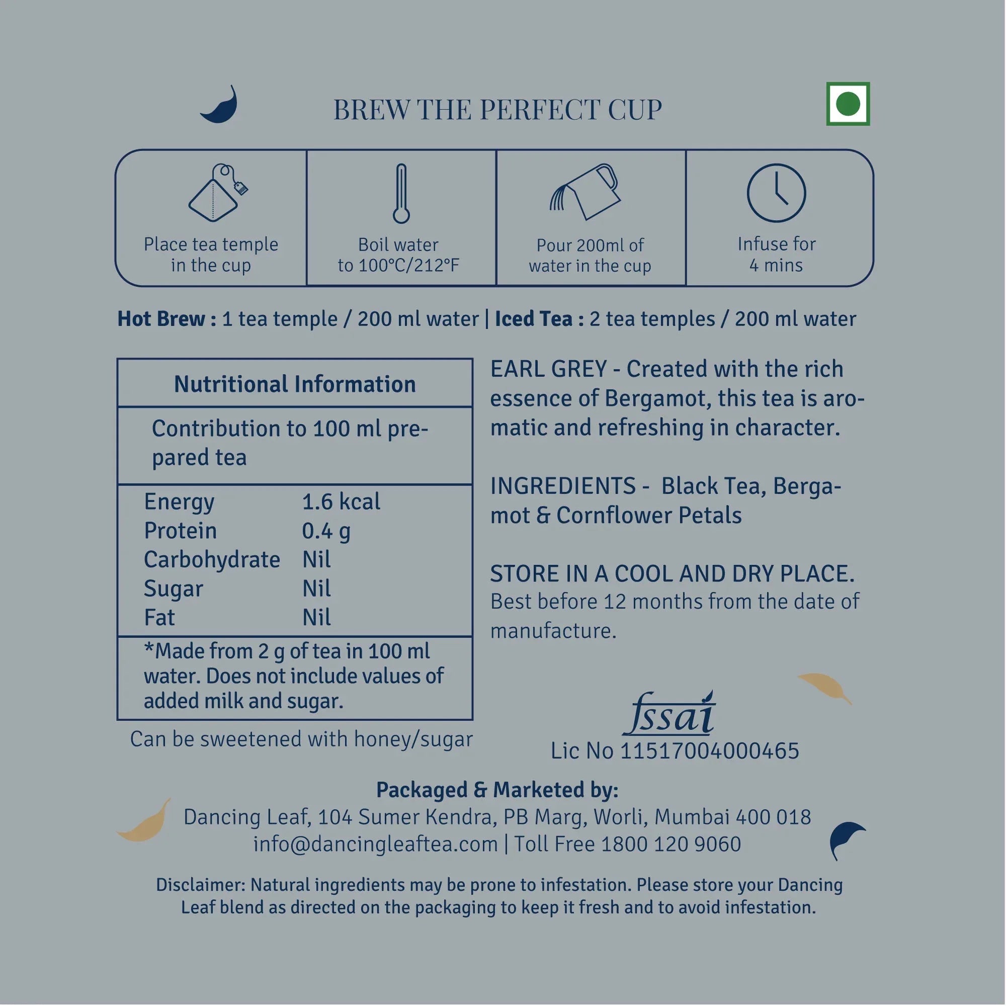 Earl Grey Black Tea Bags - Classic Bergamot Blend (20 Count) - Dancing Leaf