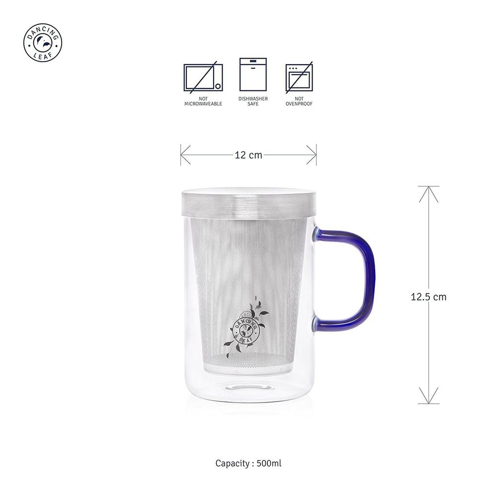 Grande Glass Tea Mug with Steel Infuser (500ml)-Dancing Leaf